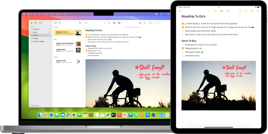 ‏Mac ו‑iPad מציגים את אותו פתק מ‑iCloud.