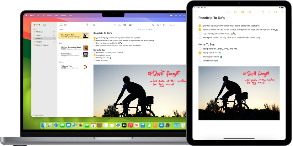 iCloud에서 동일한 메모를 표시하는 Mac 및 iPad.