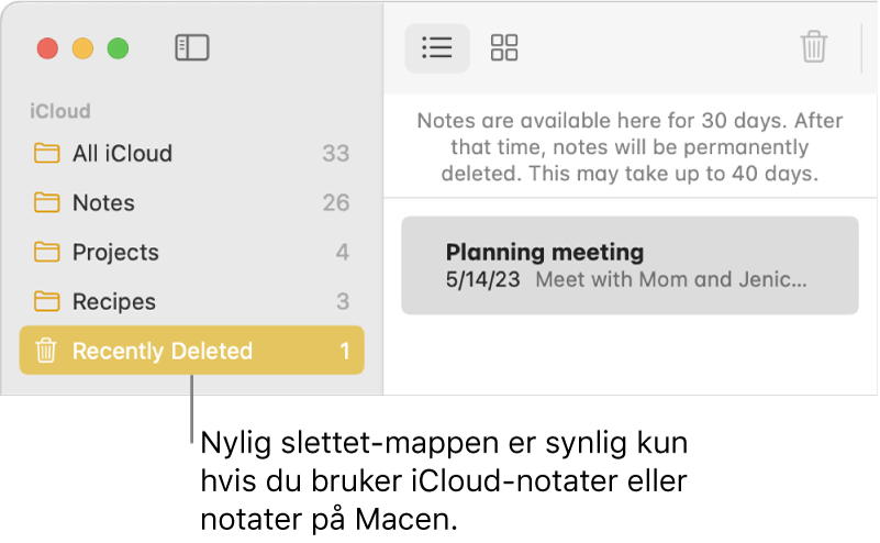 Notater-vinduet med Nylig slettet-mappen i sidepanelet og et nylig slettet notat. Nylig slettet-mappen er bare synlig hvis du bruker iCloud-notater eller notater på Macen.