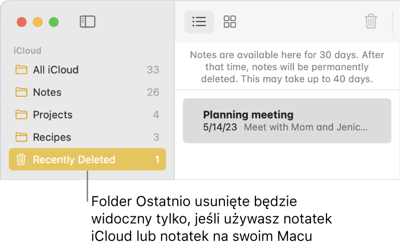 Okno aplikacji Notatki z folderem Ostatnio usunięte widocznym na pasku bocznym oraz ostatnio usuniętą notatką. Folder Ostatnio usunięte jest widoczny tylko wtedy, gdy używasz notatek iCloud lub notatek przechowywanych na Macu.