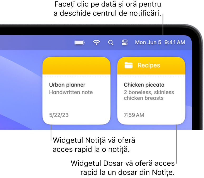 Două widgeturi Notițe: widgetul Dosar afișează un dosar în Notițe, iar widgetul Notiță afișează o notiță. Faceți clic pe data și ora din bara de meniu pentru a deschide centrul de notificări.