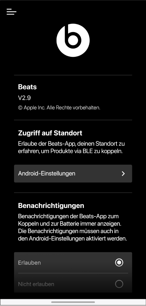 Der Bildschirm „Einstellungen“ der Beats-App