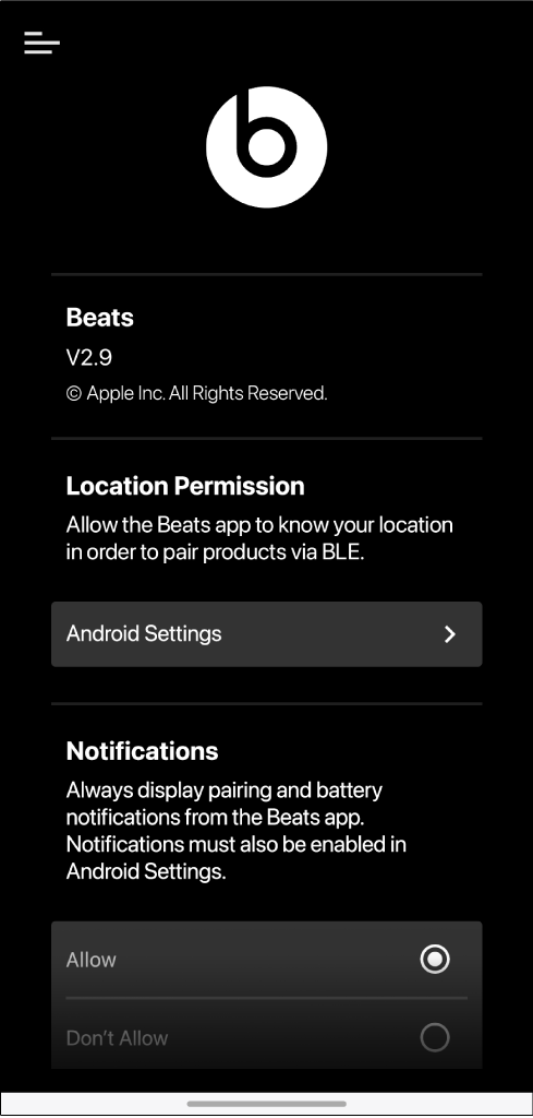 Beats app settings screen