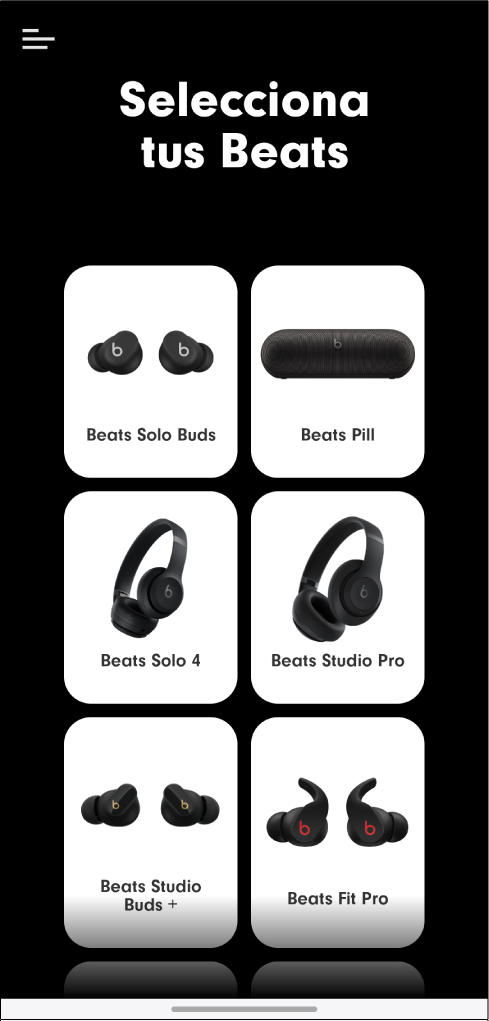 App Beats mostrando la pantalla Selecciona tus Beats
