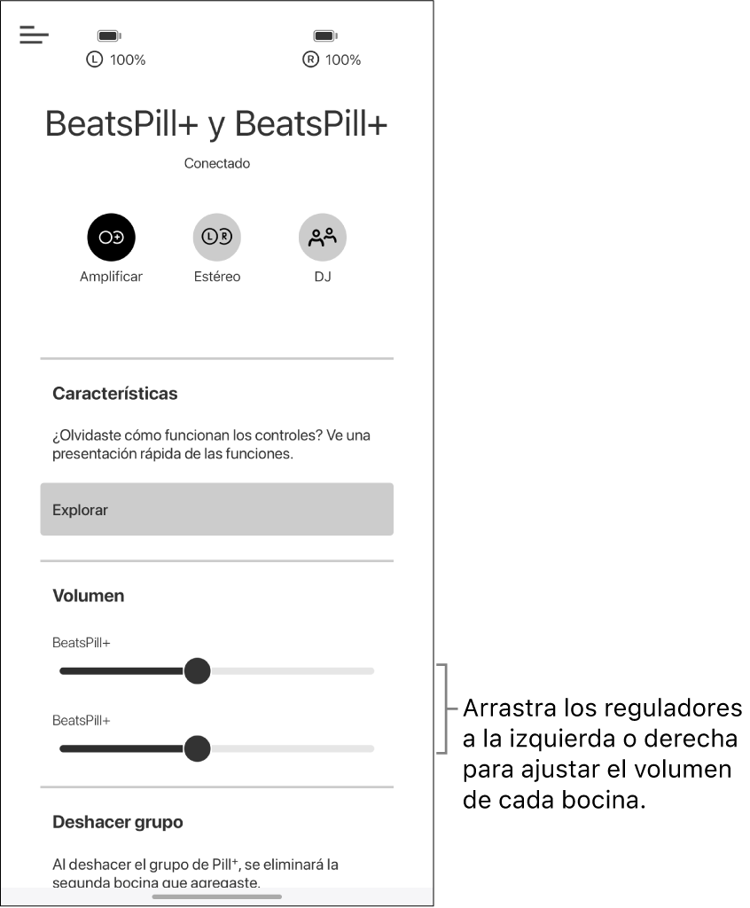 Pantalla de la app Beats en el modo Amplificar mostrando los controles de volumen de las dos bocinas