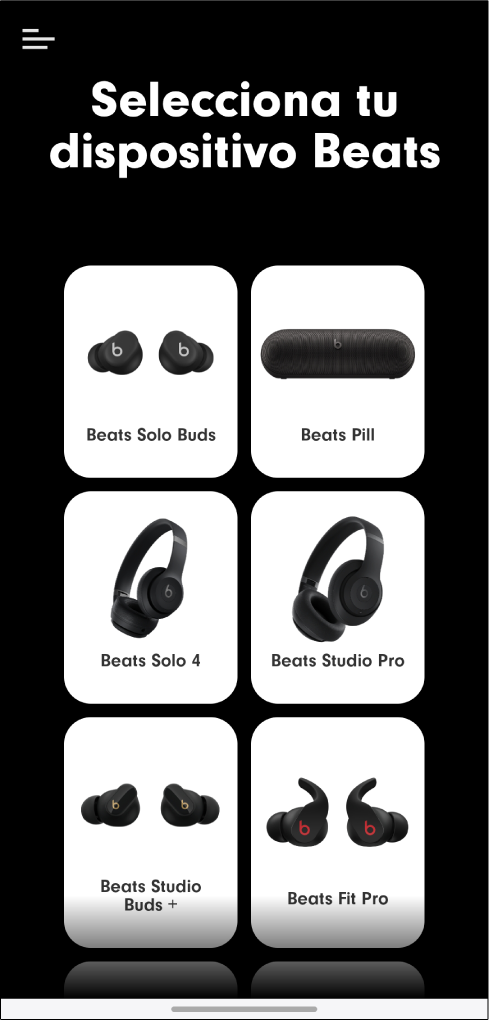Pantalla “Selecciona tu dispositivo Beats” donde se muestran los dispositivos compatibles