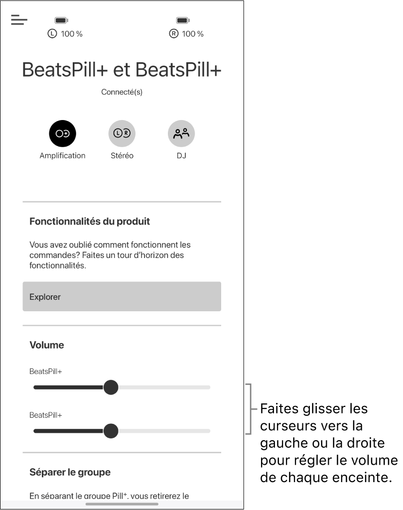 Écran de l’app Beats en mode Amplification qui affiche les commandes de volume des deux enceintes