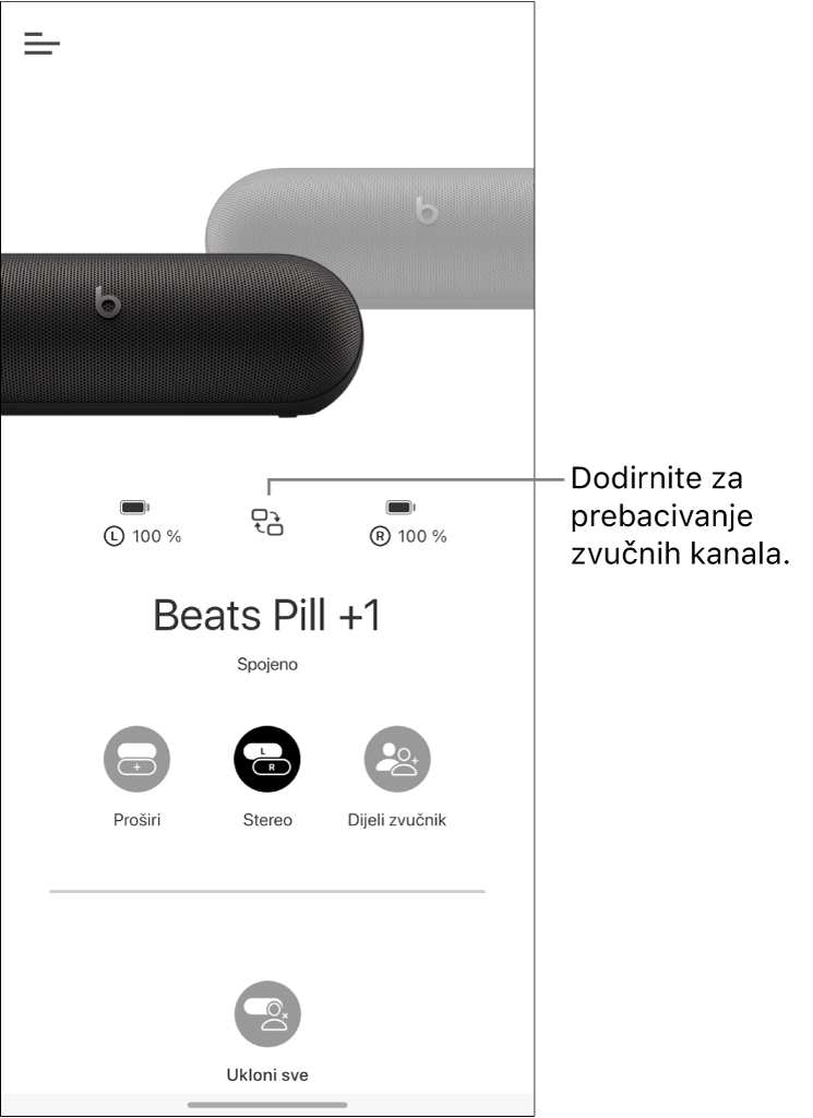 Stereo grupa Beats Pill zvučnika prikazuje tipku za promjenu kanala
