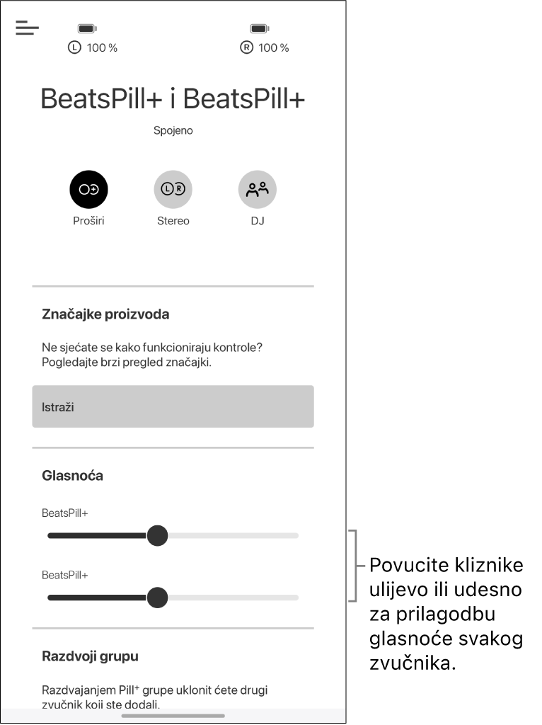 Zaslon aplikacije Beats u modu Pojačanje prikazuje kontrole glasnoće za dva zvučnika