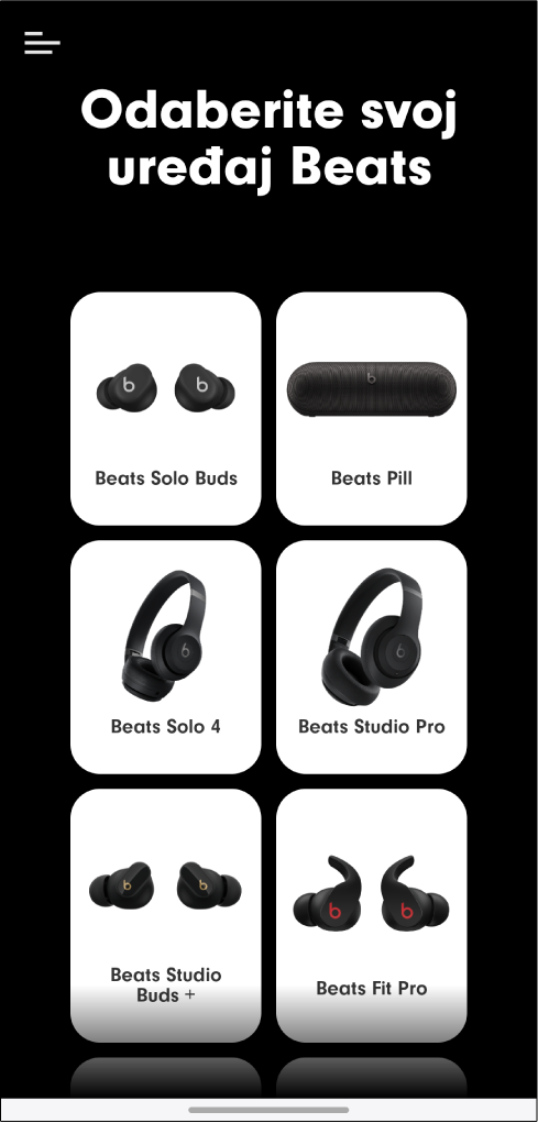 Aplikacija Beats prikazuje zaslon Odaberite svoj uređaj Beats