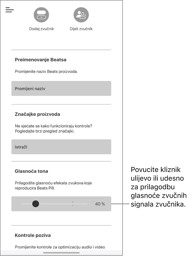 Kontrola “Glasnoća zvukova” na zaslonu uređaja aplikacije Beats