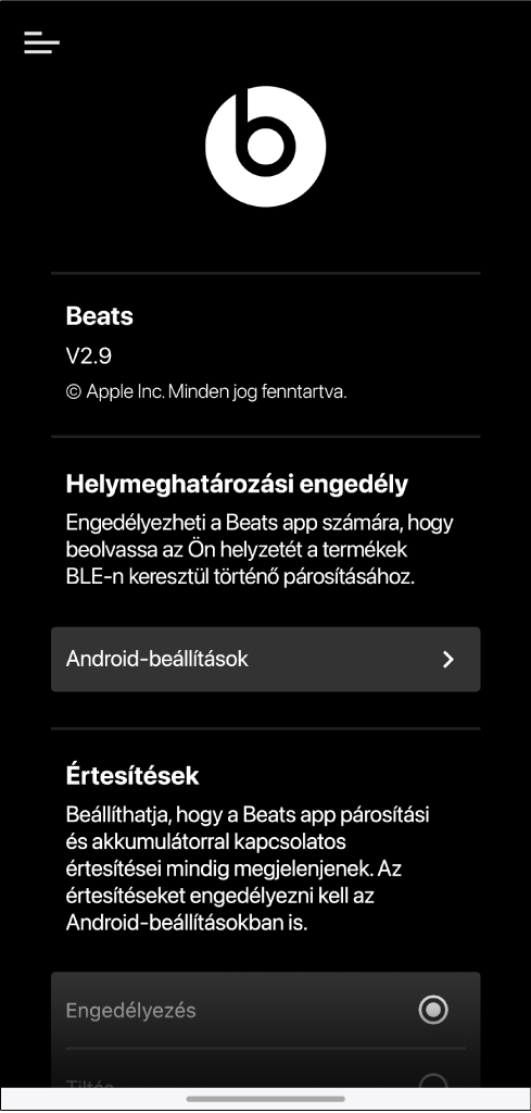 A Beats app beállításképernyője
