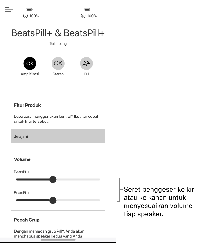 Layar app Beats dalam mode Amplifikasi menampilkan kontrol volume untuk dua speaker
