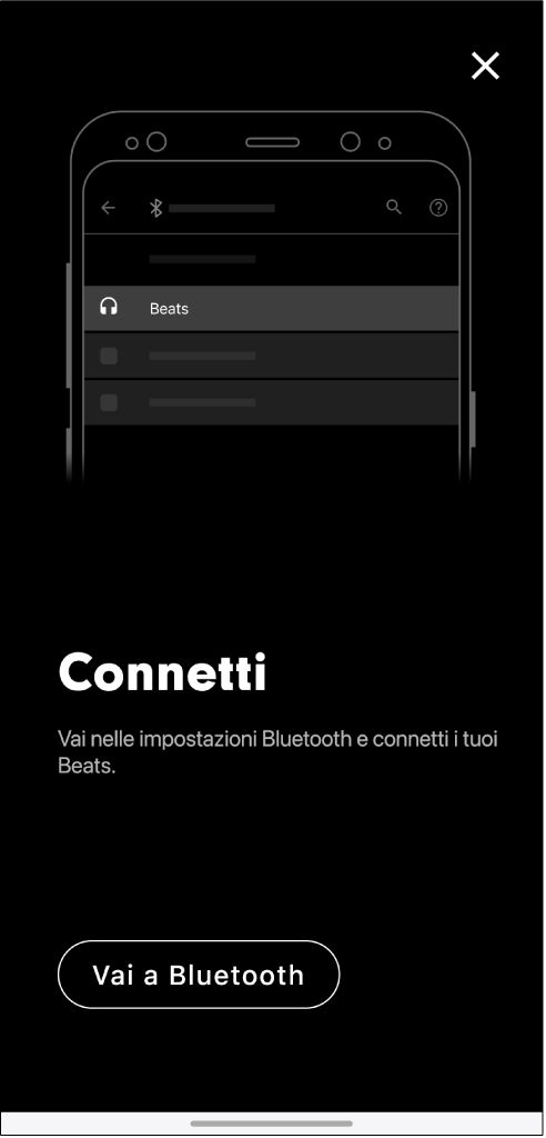 Schermata di connessione che mostra il pulsante Vai a Bluetooth