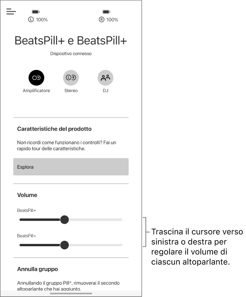 Schermata dell'app Beats nella modalità Amplificatore che mostra i controlli del volume dei due altoparlanti