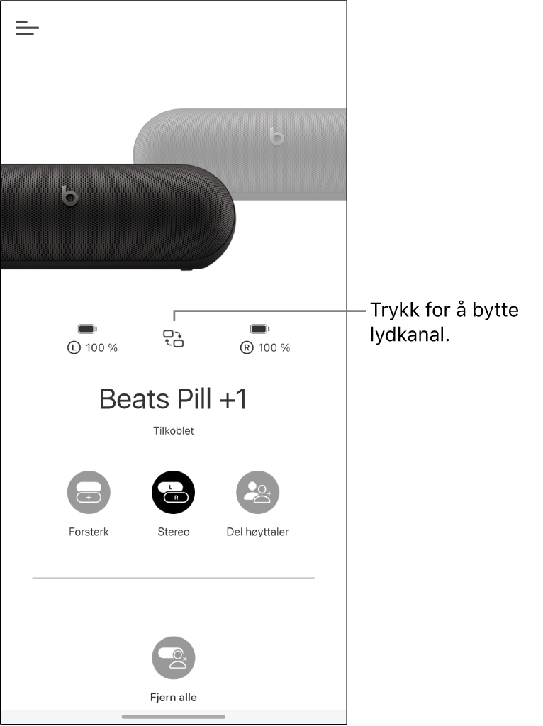 Beats Pill-høyttaler i Stereo-gruppe som viser knappen for å bytte kanal
