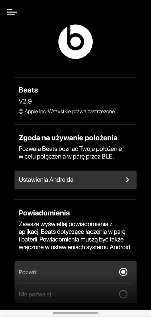 Ekran ustawień aplikacji Beats