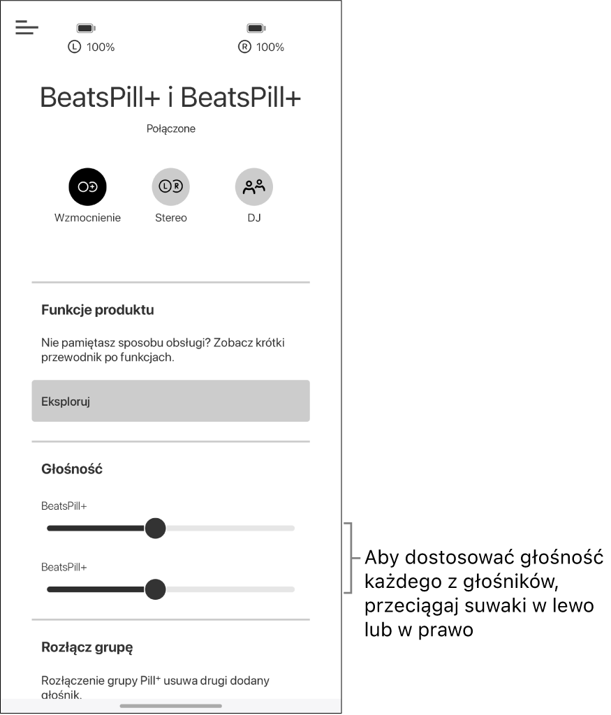 Suwaki głośności dwóch głośników na ekranie aplikacji Beats w trybie Wzmocnienie
