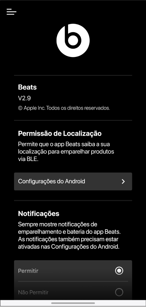 Tela de ajustes do app Beats