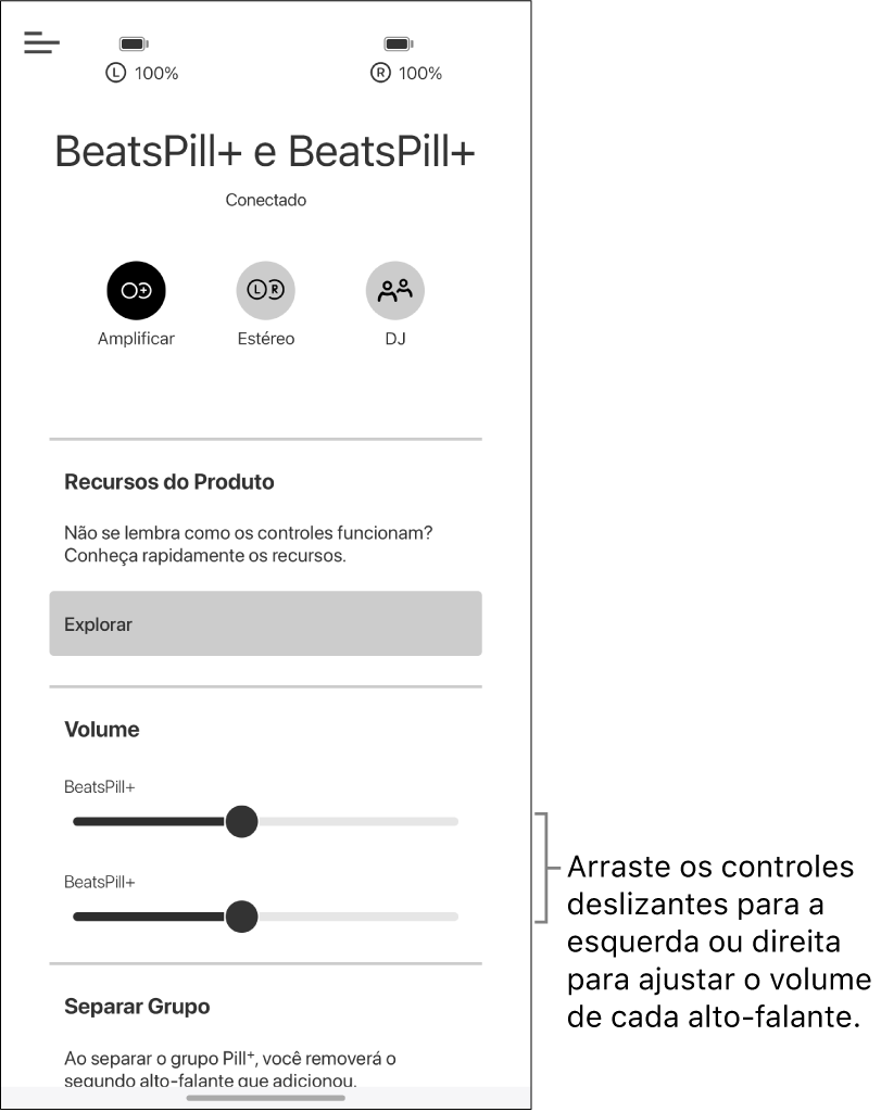 Tela do app Beats no modo Amplificar, mostrando os controles de volume de dois alto-falantes