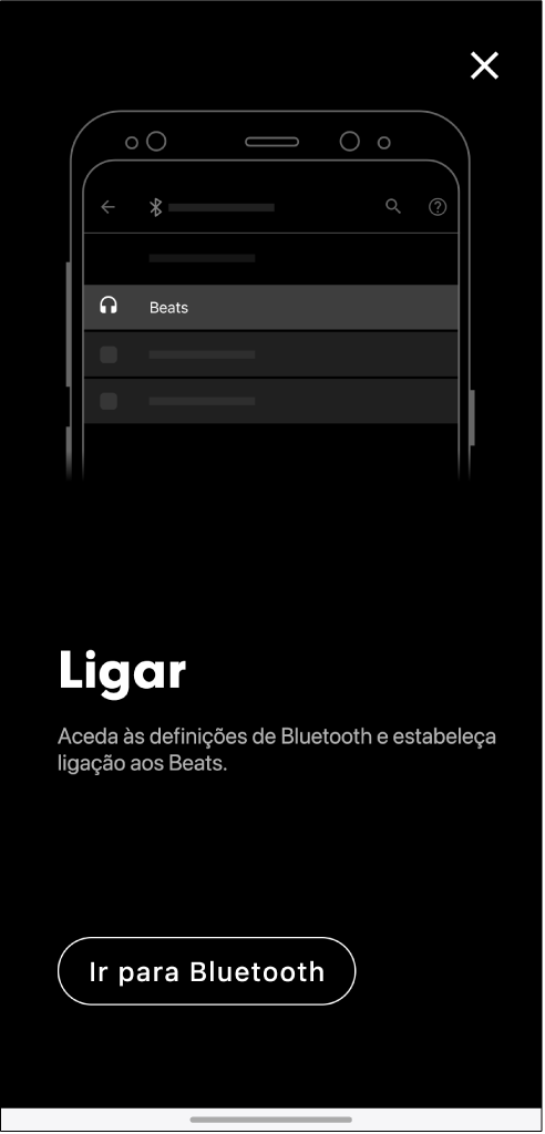 Ecrã de ligação, com o botão Ir para Bluetooth.