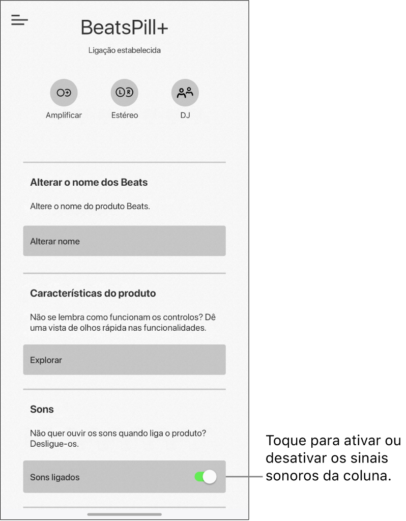 Controlo Sons no ecrã de dispositivo da aplicação Beats