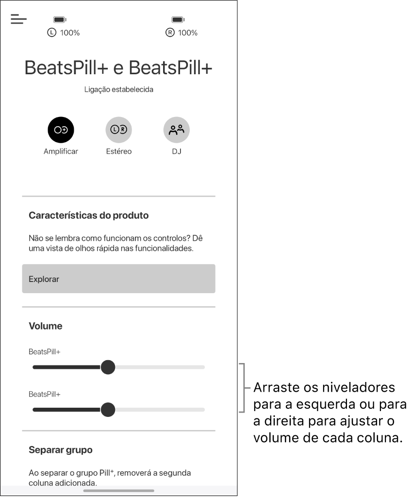 Ecrã da aplicação Beats no modo Amplificar, com os controlos de volume de duas colunas.