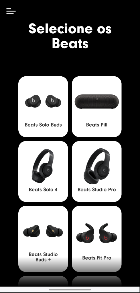 Aplicação Beats; ecrã “Selecione os Beats”.
