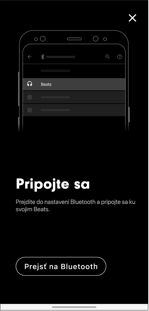 Obrazovka pripojenia s tlačidlom Prejsť na Bluetooth.