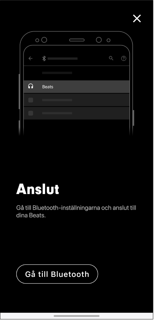 Anslutningsskärmen visar knappen Gå till Bluetooth
