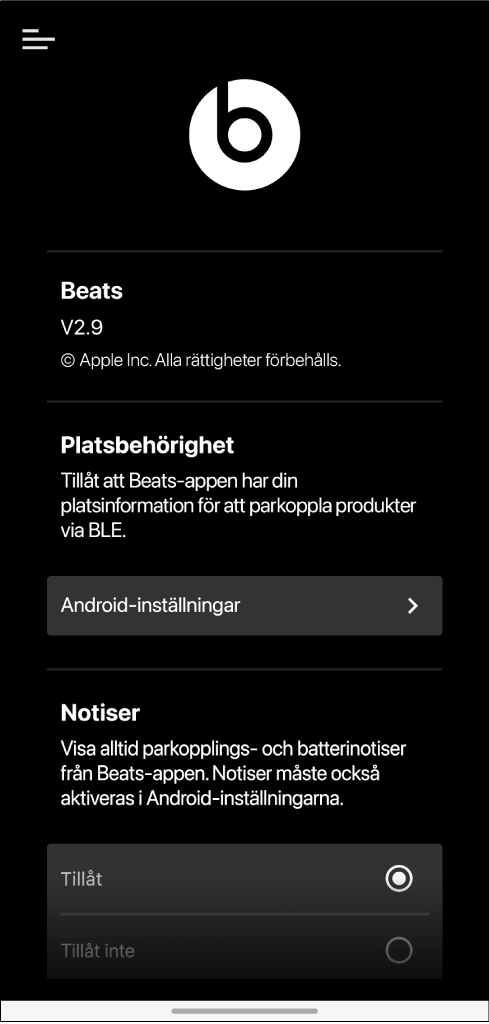 Inställningsskärmen för Beats-appen