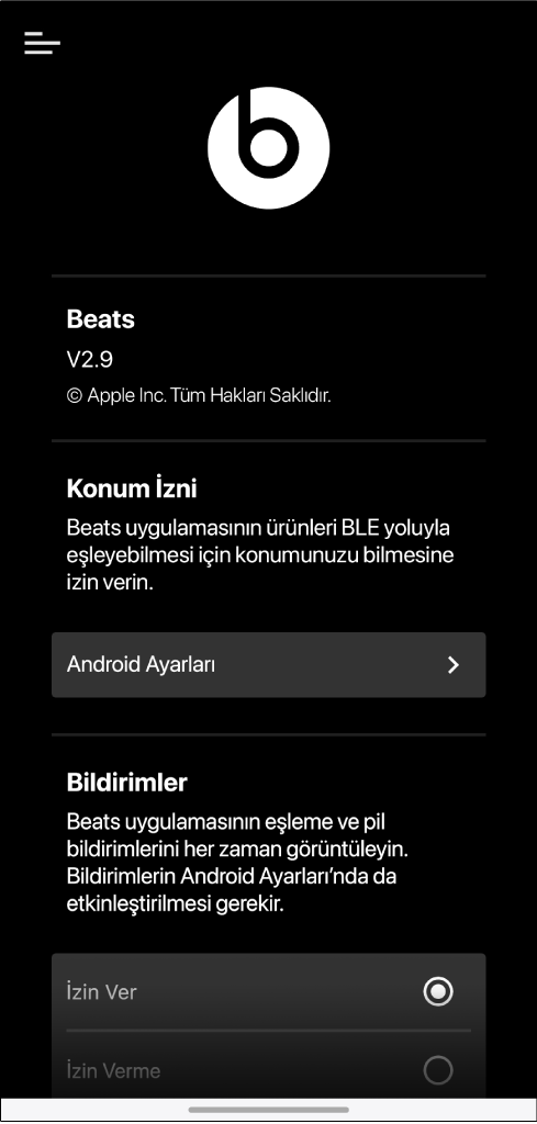 Beats uygulaması ayarlar ekranı