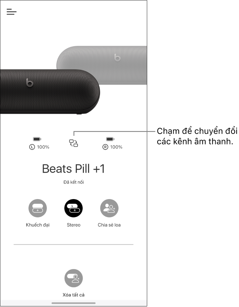 Nhóm Stereo của loa Beats Pill đang hiển thị nút thay đổi kênh