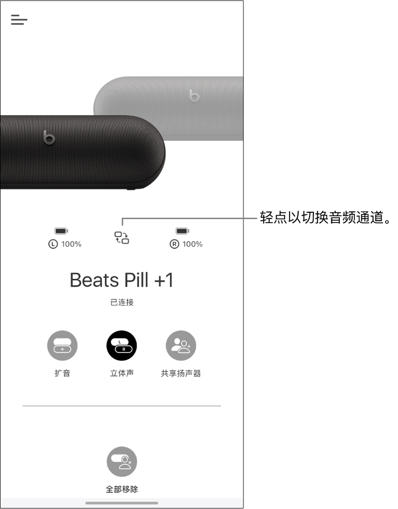 Beats Pill 扬声器立体声群组显示更改声道按钮