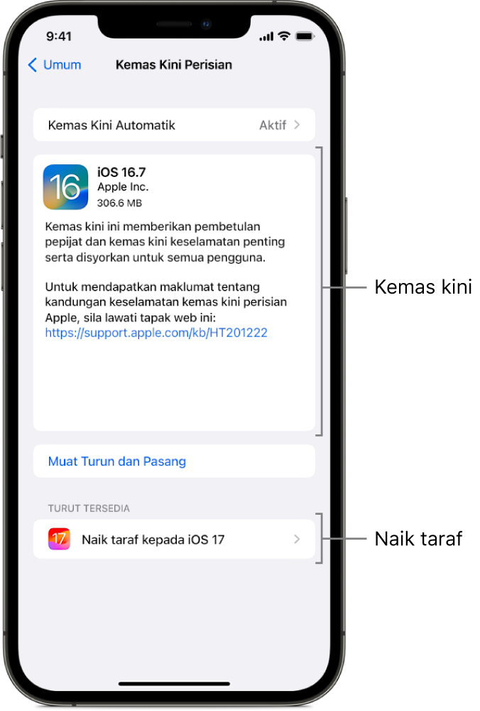 Skrin iPhone menunjukkan kemas kini kepada iOS 16.7 atau kemas kini kepada iOS 17.