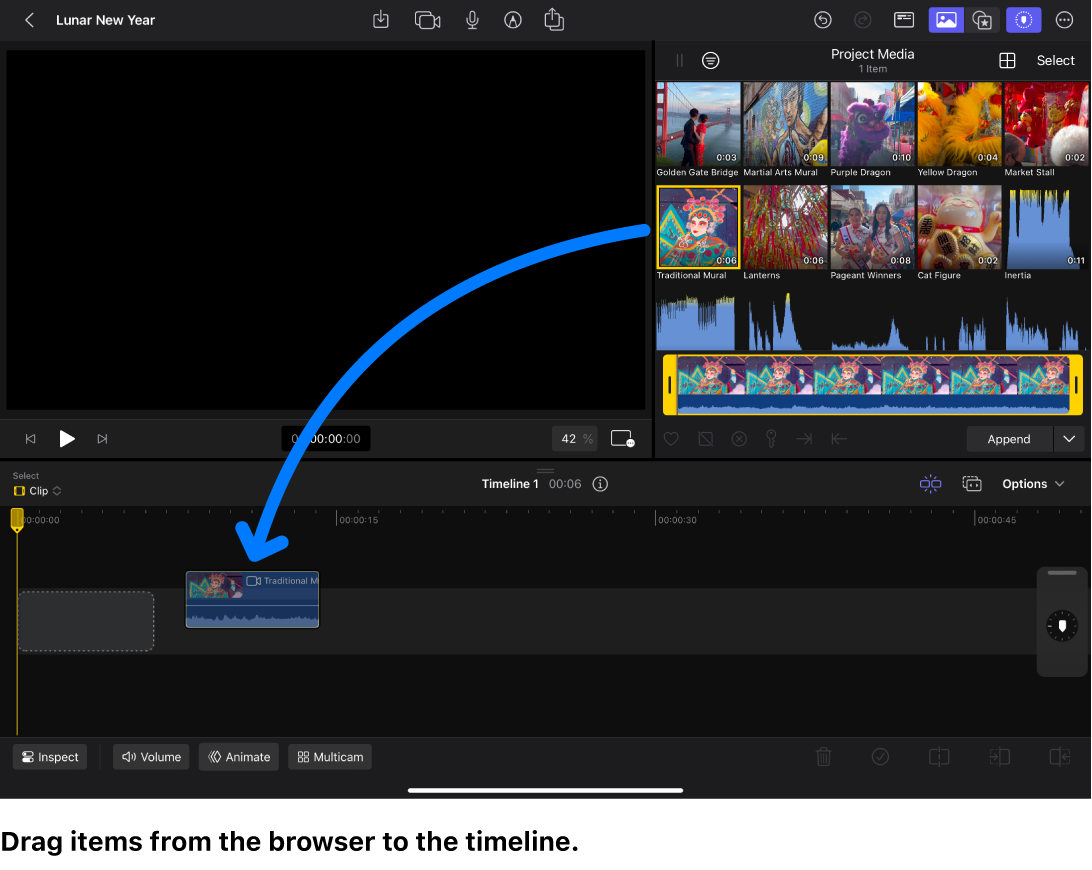 The main workspace in Final Cut Pro for iPad, showing a clip thumbnail from the browser being dragged to the timeline.