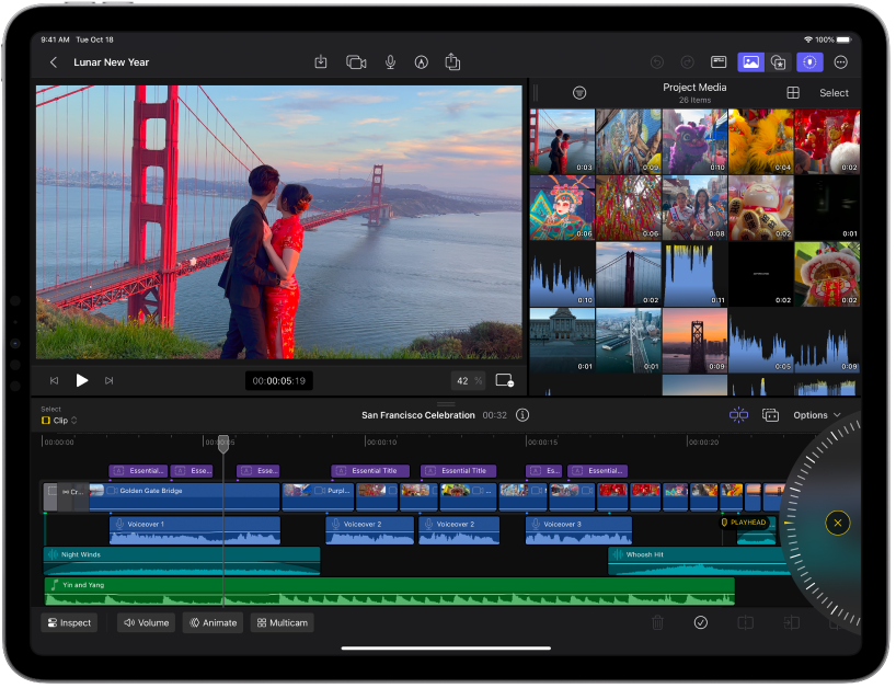 The Final Cut Pro for iPad window showing the viewer, browser, and timeline.