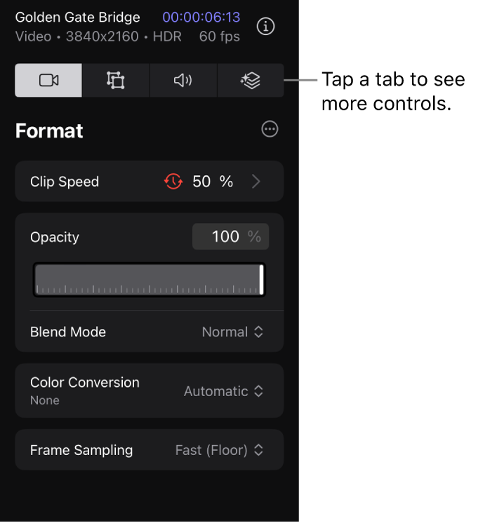The Format tab of the inspector, showing controls for modifying a video clip’s speed, opacity, and blend mode.