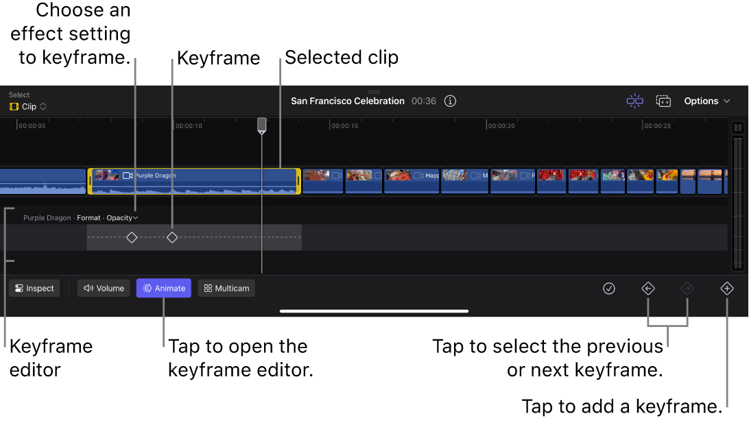 The timeline showing the keyframe editor, a selected clip with keyframes, buttons for moving to the next and previous keyframes, and a button for adding keyframes.