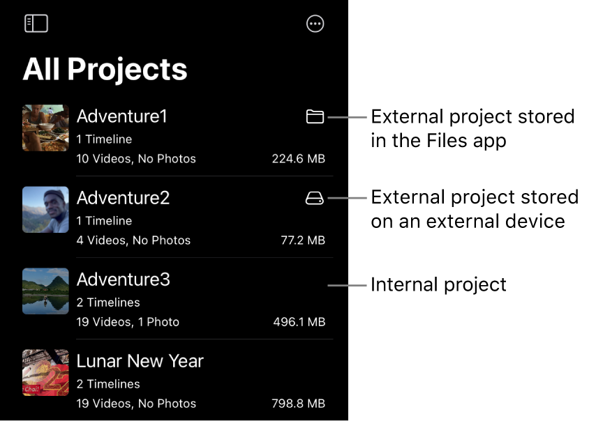 Los proyectos de la lista e proyectos, con iconos que indican que los proyectos están almacenados en la app Archivos o en un dispositivo externo.
