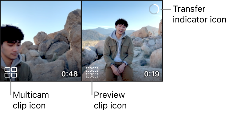 Un clip Multicam con un icono de clip Multicam y un segundo clip Multicam con un icono de clip de previsualización y un icono de indicador de transferencia con un archivo transfiriéndose.