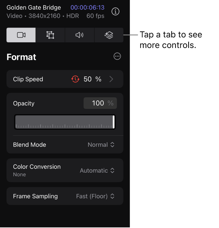 La pestaña Formato del inspector, que muestra los controles para modificar la velocidad del clip de vídeo, la opacidad y el modo de mezcla.