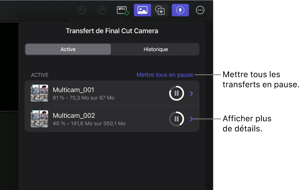 La liste « Transfert Final Cut Camera » dans Final Cut Pro, montrant les transferts actifs.