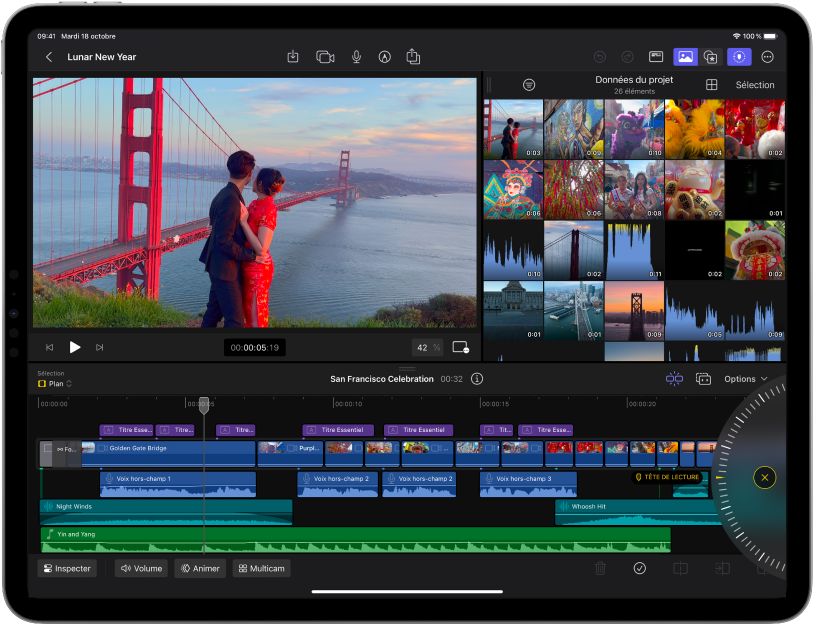 Fenêtre Final Cut Pro pour iPad affichant le visualiseur, le navigateur et la timeline.