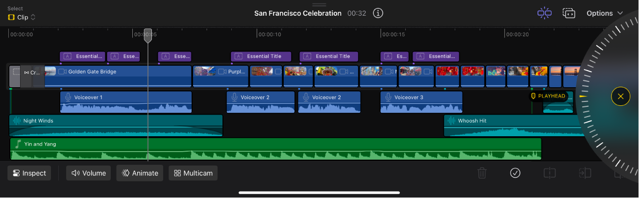 ビデオ、オーディオ、およびミュージッククリップが表示されているiPad用Final Cut Proのマグネティックタイムライン