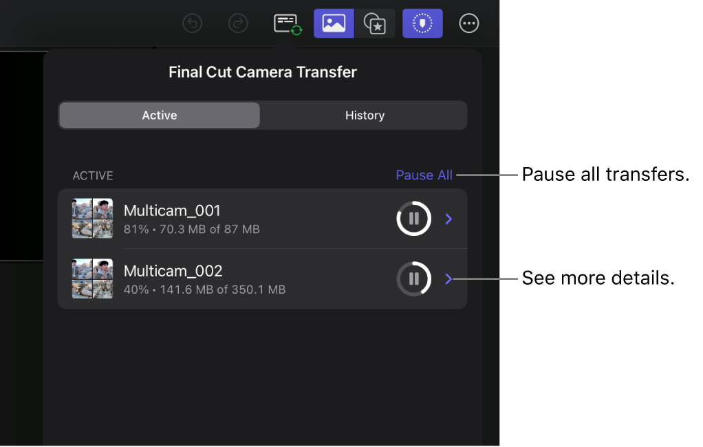 활성 전송을 보여주는, Final Cut Pro의 Final Cut Camera 전송 목록