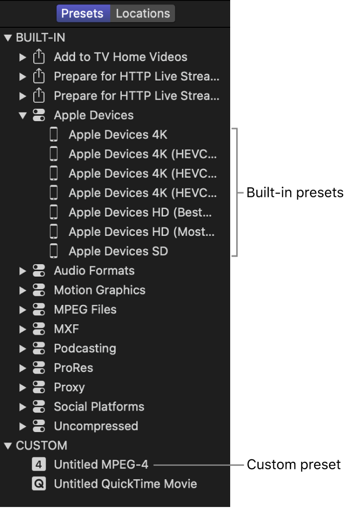 Presets pane showing a collection of built-in and custom presets.