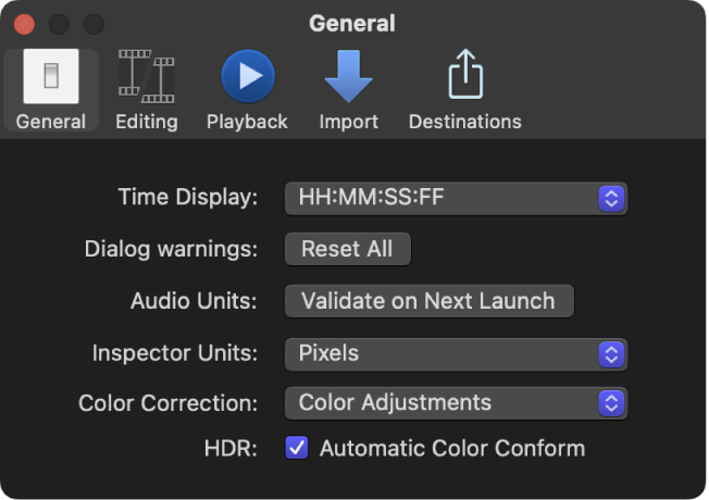 The General pane of the Final Cut Pro Settings window