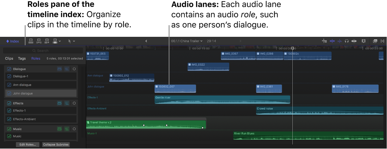 The timeline showing audio lanes and a role selected in the timeline index