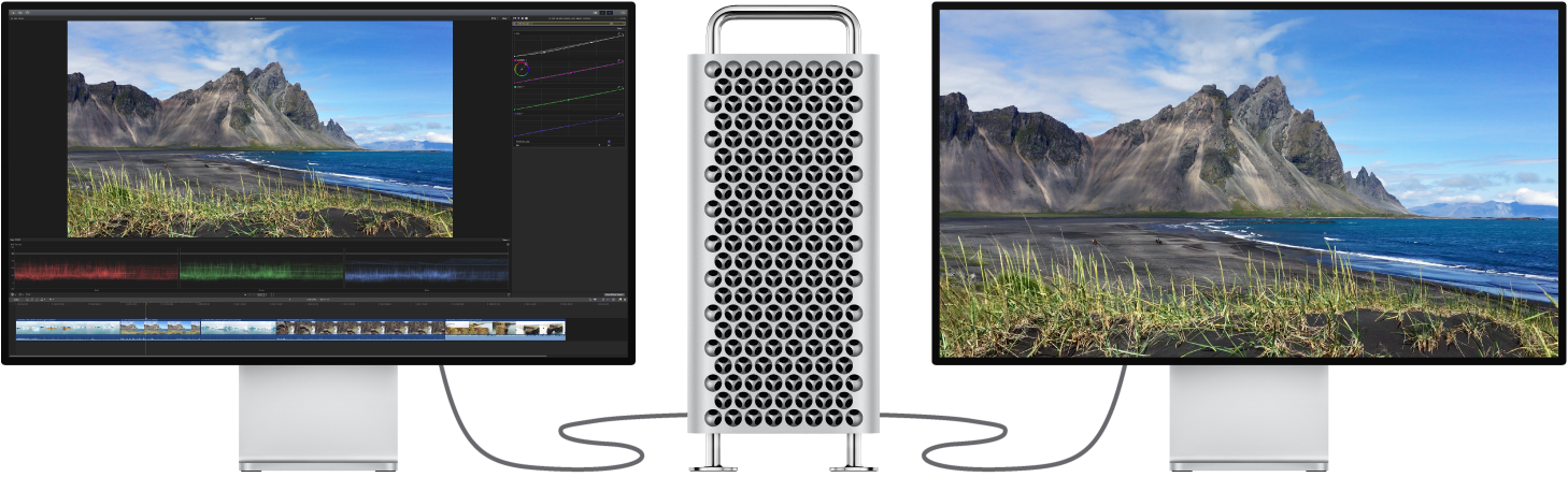 A Mac Pro with a connected Pro Display XDR showing the Final Cut Pro interface, and a second connected Pro Display XDR showing the viewer contents only